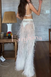 Braylie Sheer Tulle Tiered Feather Trim High Rise Wide Leg Pants