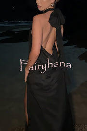 Floral Embellished Satin Halterneck Backless Resort Maxi Dress