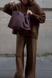 Double Soft Turtleneck Side Zipper Sweatshirt and Elastic Waist Pocketed Loose Pants Set