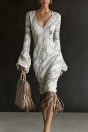 Unique Printed V-neck Long-sleeved Elegant Tassel Hem Midi Dress