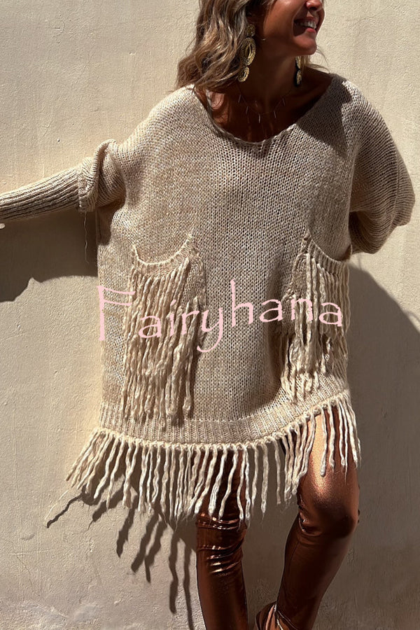 Coming with You Knit Tassel Trim Pocketed Loose Sweater