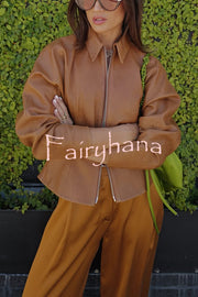Pop of Brown Faux Leather Double Zipper Detail Balloon Sleeve Lapel Jacket