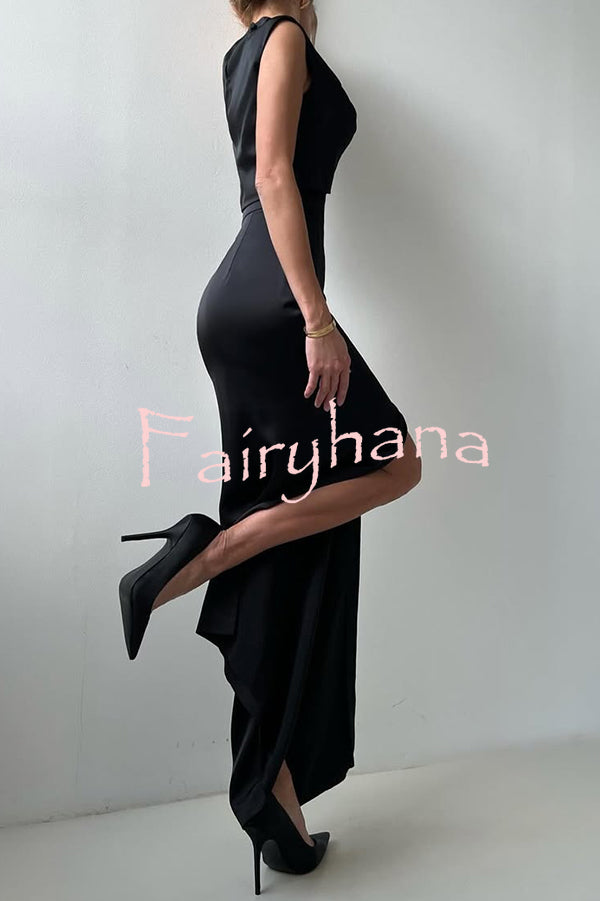 Solid Color Casual Sleeveless Crop Top and Elegant Button-down Maxi Skirt Set