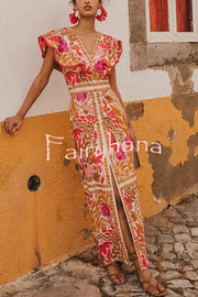 Unique Printed V-neck Open Back Ruffled Sleeves Slit Maxi Dress