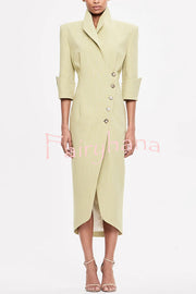 Elegant Look Linen Blend Stand Lapel Neck Half Sleeve Side Button Midi Dress