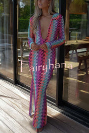 Eleanor Knit Colorful Wave Unique Print Shirt U-neck Long Sleeve Slit Maxi Dress