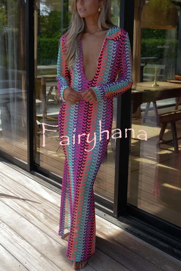 Eleanor Knit Colorful Wave Unique Print Shirt U-neck Long Sleeve Slit Maxi Dress