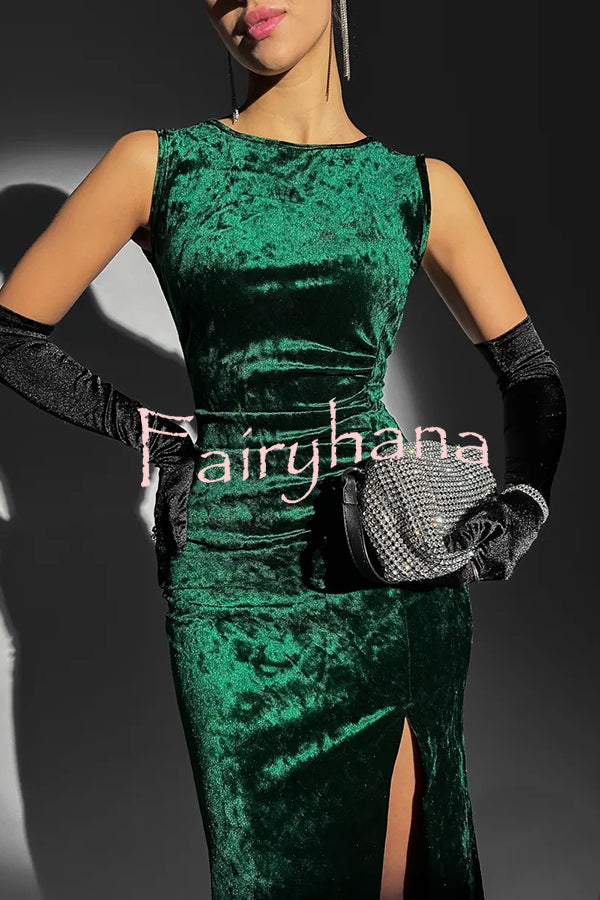 Solid Color Velvet Round Neck Sleeveless Slim Slit Maxi Dress