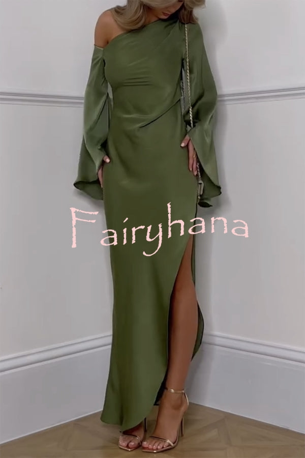 Zayla Satin Asymmetrical One Shoulder Bell Sleeve Slit Maxi Dress