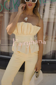 Every Occasion Crepe Panel Ruffles Strapless Top and High Rise Pocketed Flare Pants Set