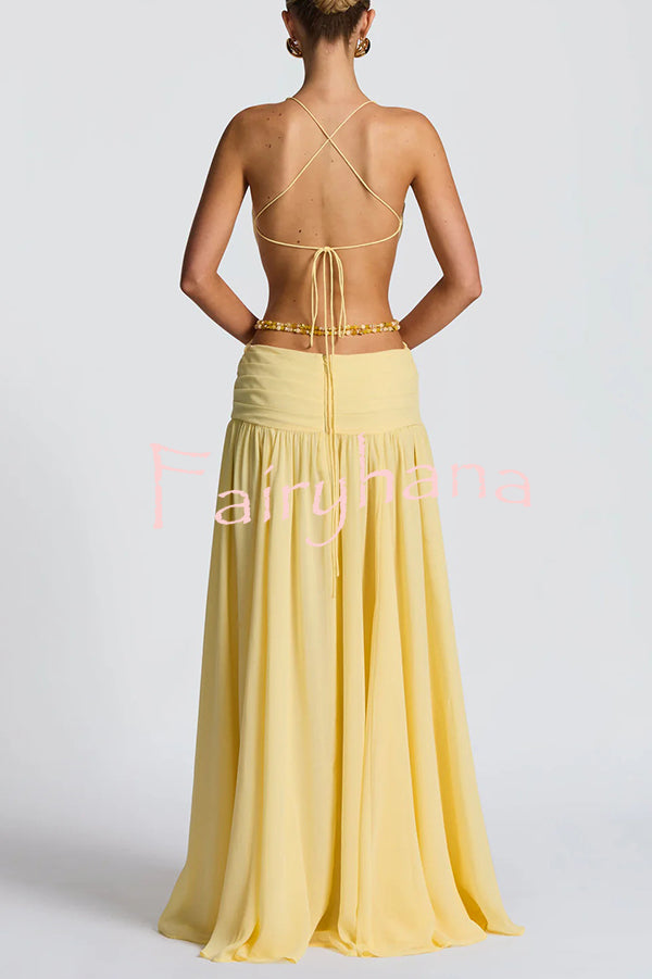 Kinara Leopard Print Deep V-neck Metal Flower Hollow Beads Detail Slit Maxi Dress