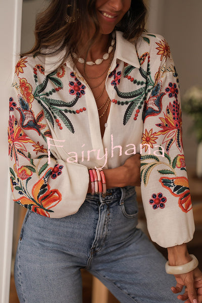 Botanical Print Loose Lapel Long Sleeve Casual Shirt