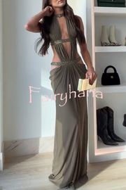 Khaki Hot-fix Rhinestone Shoulder Strap Cutout Design Backless Drape Maxi Dress