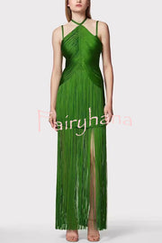 Sexy Halterneck Open Back Elegant Tassel Slim Maxi Dress