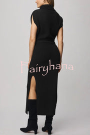 Solid Color Sleeveless Knitted Elegant Waist Midi Dress