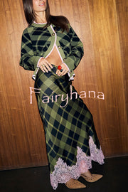 Holiday Plaid Knit Color-blocked Trim Button Long-sleeved Loose Cardigan