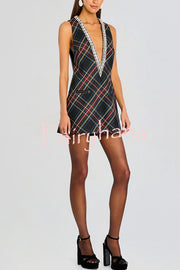 Elegant Demeanor Satin Gemstone Trim Deep V-Neck Tank H-line Mini Dress