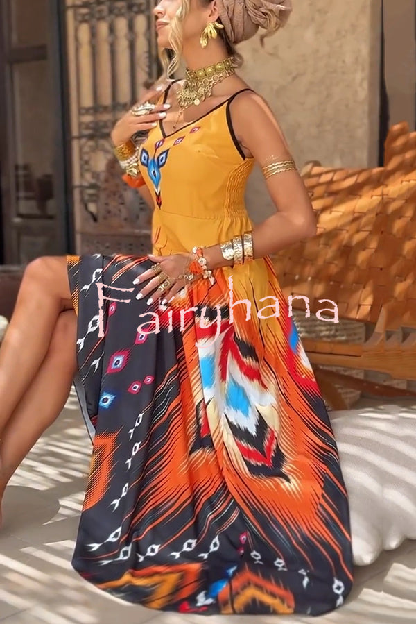 Unique Printed Suspender V-neck Loose Maxi Dress