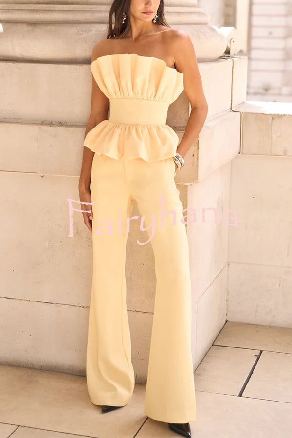 Every Occasion Crepe Panel Ruffles Strapless Top and High Rise Pocketed Flare Pants Set