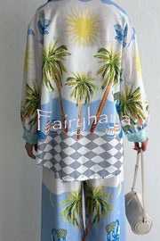 Holiday Style Print Loose Long Sleeve Shirt and Elastic Waist Loose Pocket Wide Leg Pants Set