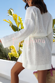 Solid Color Hollow Long Sleeve Loose Waist Tie Knitted Cardigan