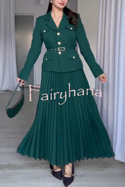 Solid Color Lapel Button Belt Blazer and Pleated Casual Maxi Skirt Set