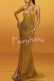 Glimmer Hour Shiny Layered Tassels Halter Cutout Neck Split Maxi Dress