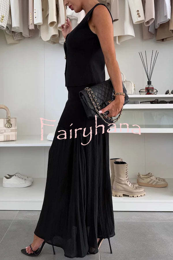 Stylish and Elegant Knit Spliced Tulle Elastic Waist Pleated Maxi Skirt