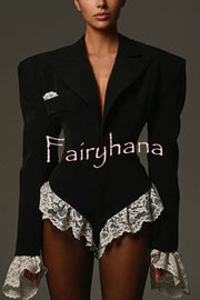 Full of Design Lace Trim Long Sleeve Lapel Blazer Romper