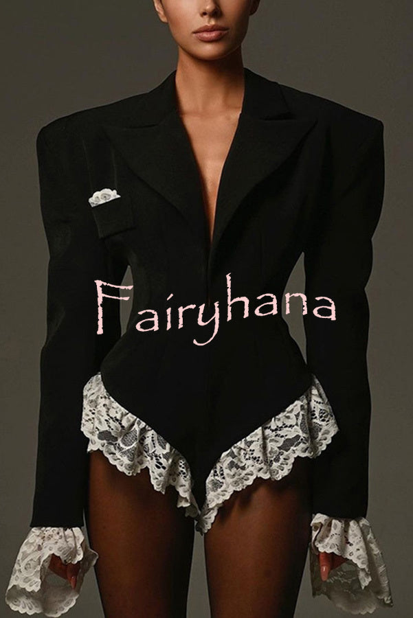 Full of Design Lace Trim Long Sleeve Lapel Blazer Romper