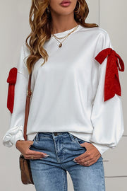 Christmas Contrast Bow Decoration Round Neck Long Sleeve Loose Sweatshirt