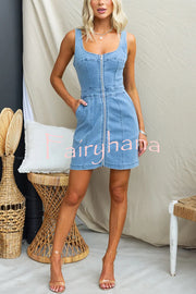 Nylah Denim Front Center Zipper Princess Line Pocket Stretch Mini Dress