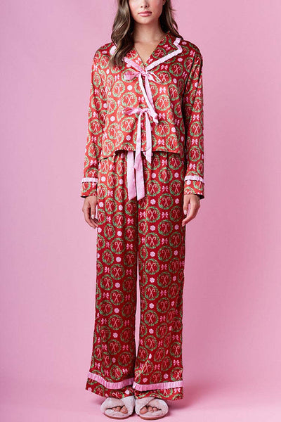 Christmas Print Long-sleeved Tie-waist Loose Top and Elastic Waist Pocket Casual Wide-leg Pants Set