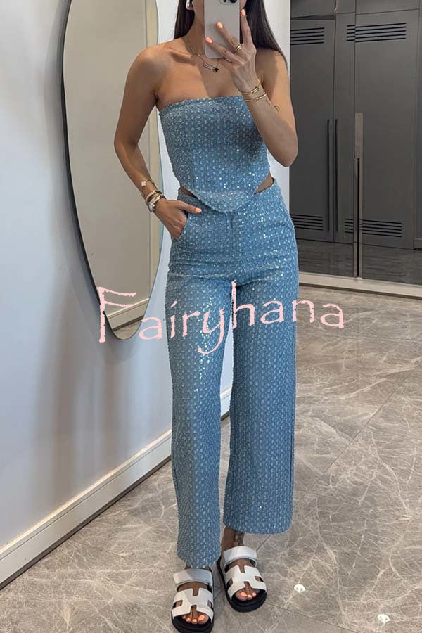 Fashionable Look Denim Sequin Textured Tube Top