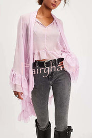 Flowy See-through Ruffle Tie-up Neck Bell Sleeve High-low Hem Cape Shirt