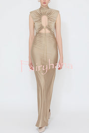 Genis Hollow Elastic Bust High Neck Sleeveless Gathered Maxi Dress
