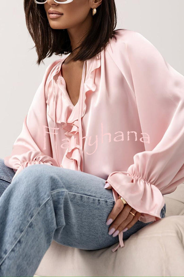 Satin Solid Color V-neck Tie Ruffle Casual Shirt