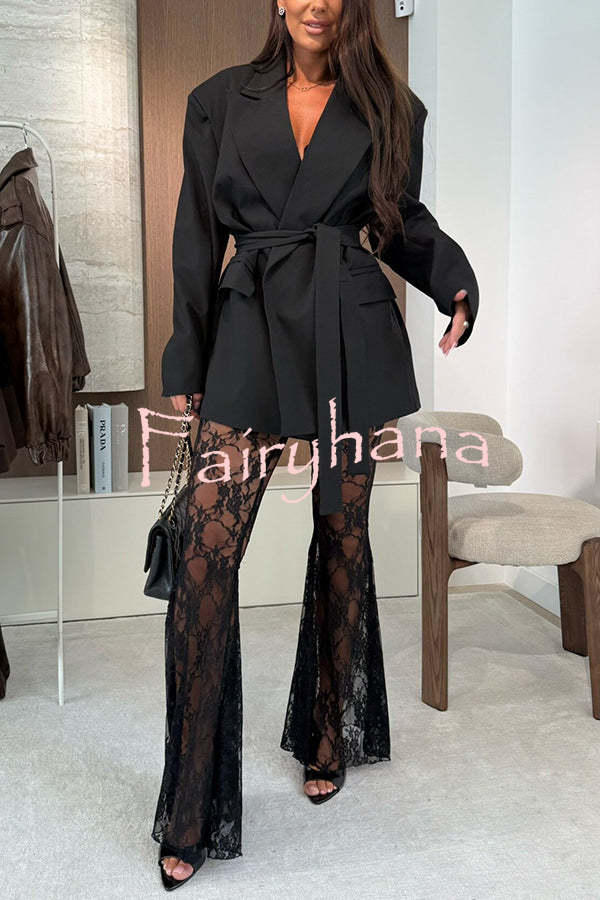 Chic Moment Floral Lace High Rise Elastic Waist Fishtail Hem Stretch Pants