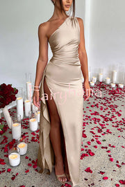 Fits Your Curves Satin One Shoulder Drape Slit Maxi Dress