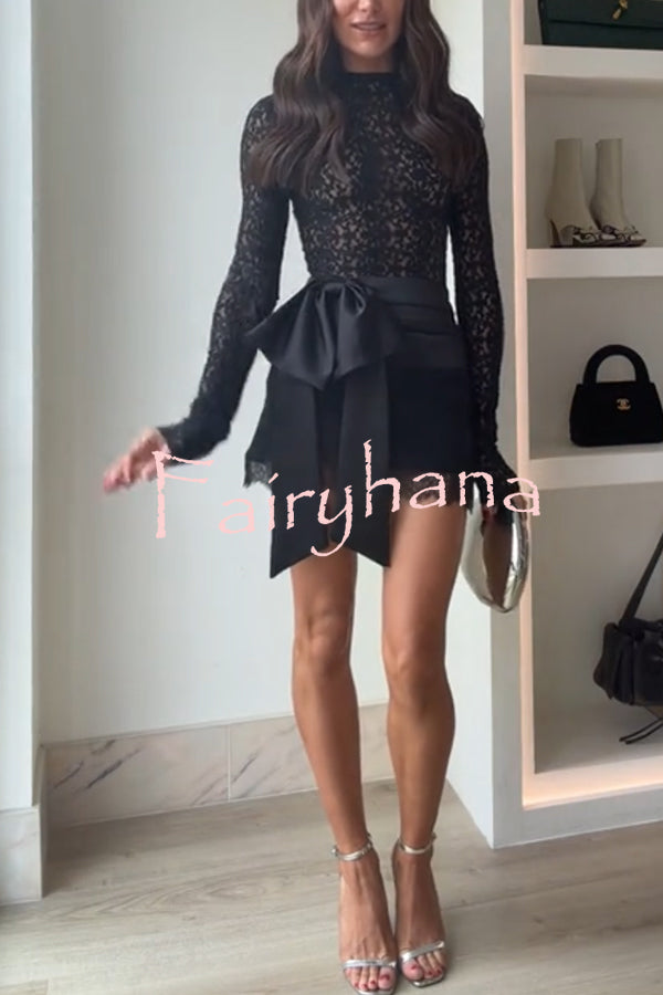 Anna Semi-sheer Lace Long Sleeve Back Bow Tie-up Cutout Stretch Bodysuit