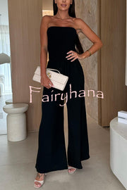 Linen Blend Solid Color Off-the-shoulder Pleated Casual Pocket Wide-leg Jumpsuit