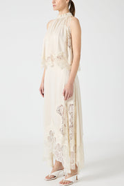 Modern Muse Satin Lace Trim Pleated Neck Top and A-line Irregular Slit Skirt Set