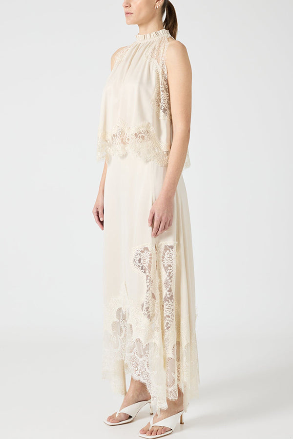 Modern Muse Satin Lace Trim Pleated Neck Top and A-line Irregular Slit Skirt Set
