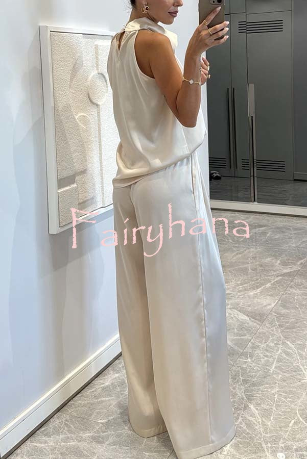 Classic on You Satin High Cowl Neck Top and Elastic Waist Pocket Loose Pants Set