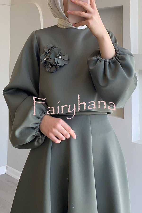 Solid Color Flower-embellished Lantern Sleeve Loose Top and Casual Maxi Skirt Set