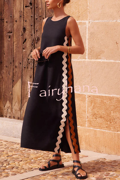 Vacation Villa Side Ric Rac Wave Trim Slit Loose Maxi Dress