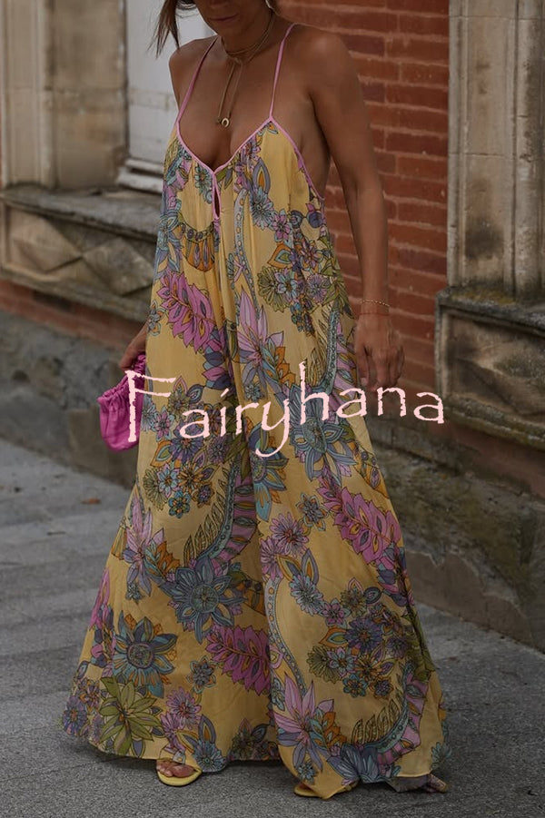 Plant Print Halter Back Loose Holiday Maxi Dress