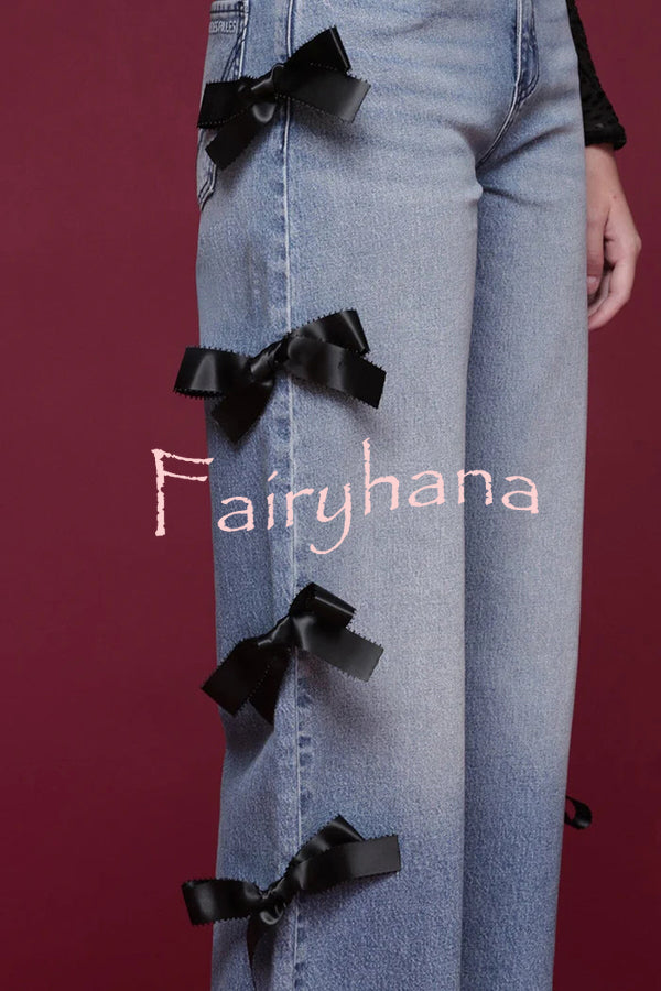 Runway Muse Denim High Rise Bow Trim Pocketed Wide Leg Jeans
