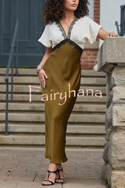 Fashionable Contrast Color V-neck Lace Stitching Maxi Dress