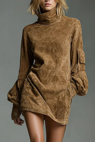 Stylish Suede High-Neck Long-Sleeved Casual Pocket Mini Dress